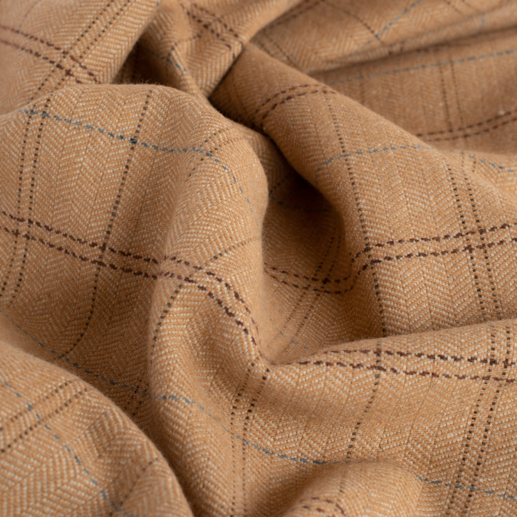 Lundie Plaid Camel, an earthy camel with fine brown and blue lines plaid pattern home decor fabric : view 6