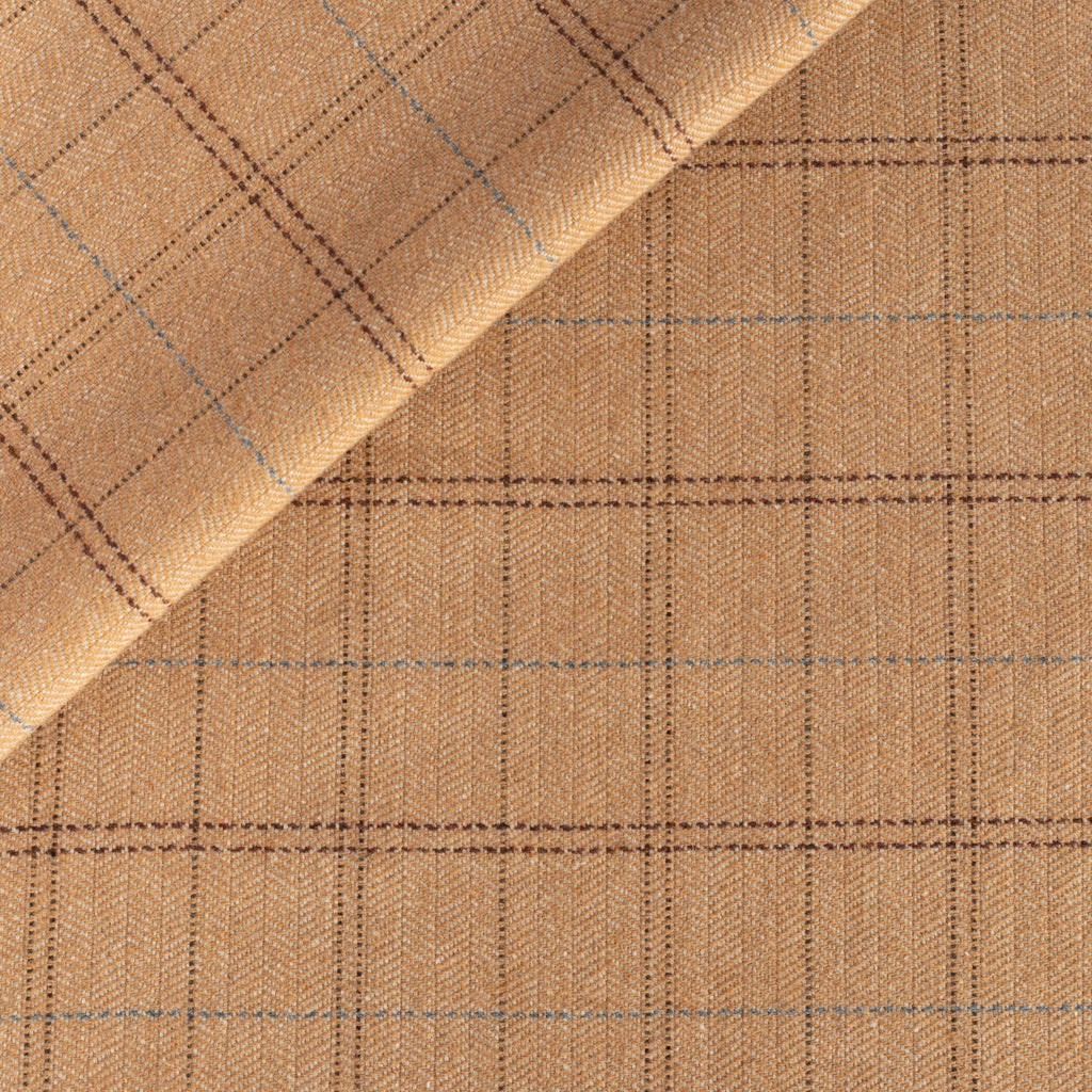 Lundie Plaid Camel, an earthy camel with fine brown and blue accents plaid pattern home decor fabric from Tonic Living