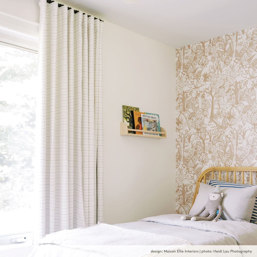 Kid's room or nursery with cream and natural striped drapery fabric by tonic living