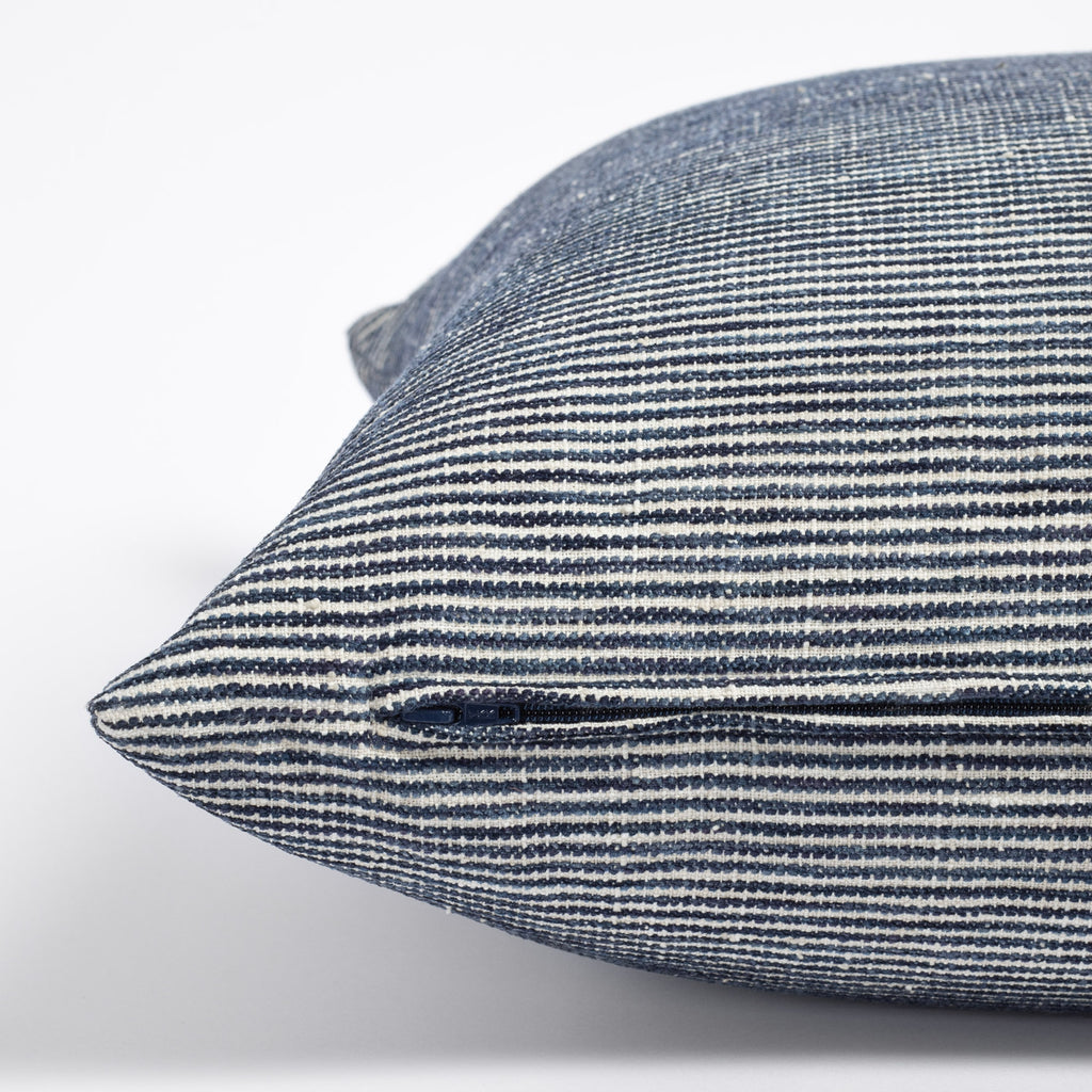 Marklin Ink Blue horizontal chenille striped pillow : close up zipper view