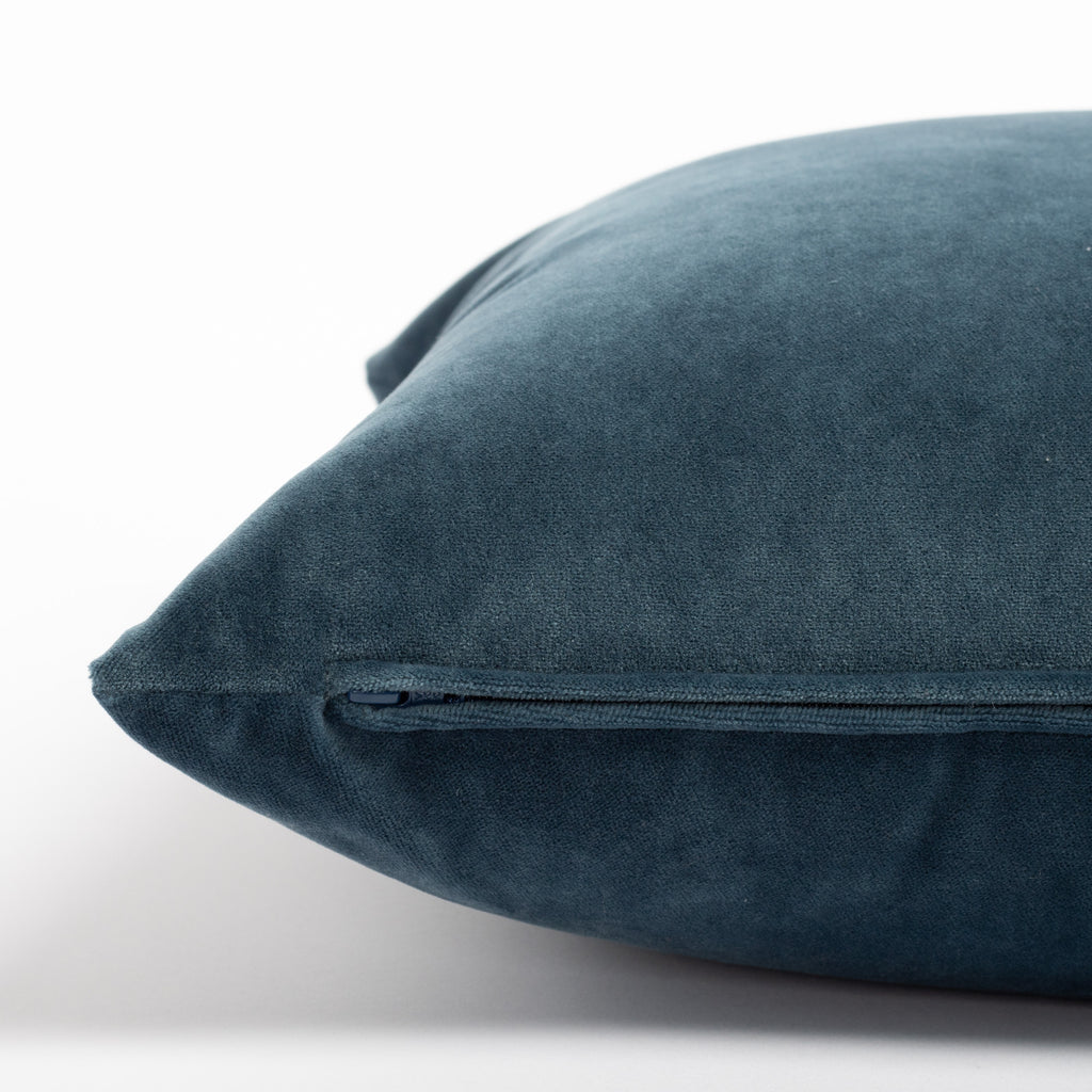 Mason Velvet Lakeland Blue, a rich blue with teal undertones velvet pillow : close up zipper view