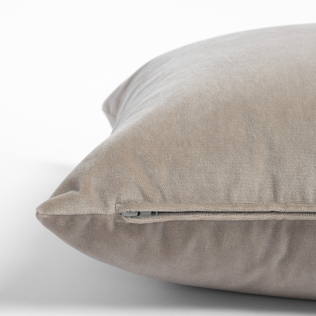 Mason Velvet Mushroom mid-grey velvet pillow : close up zipper side
