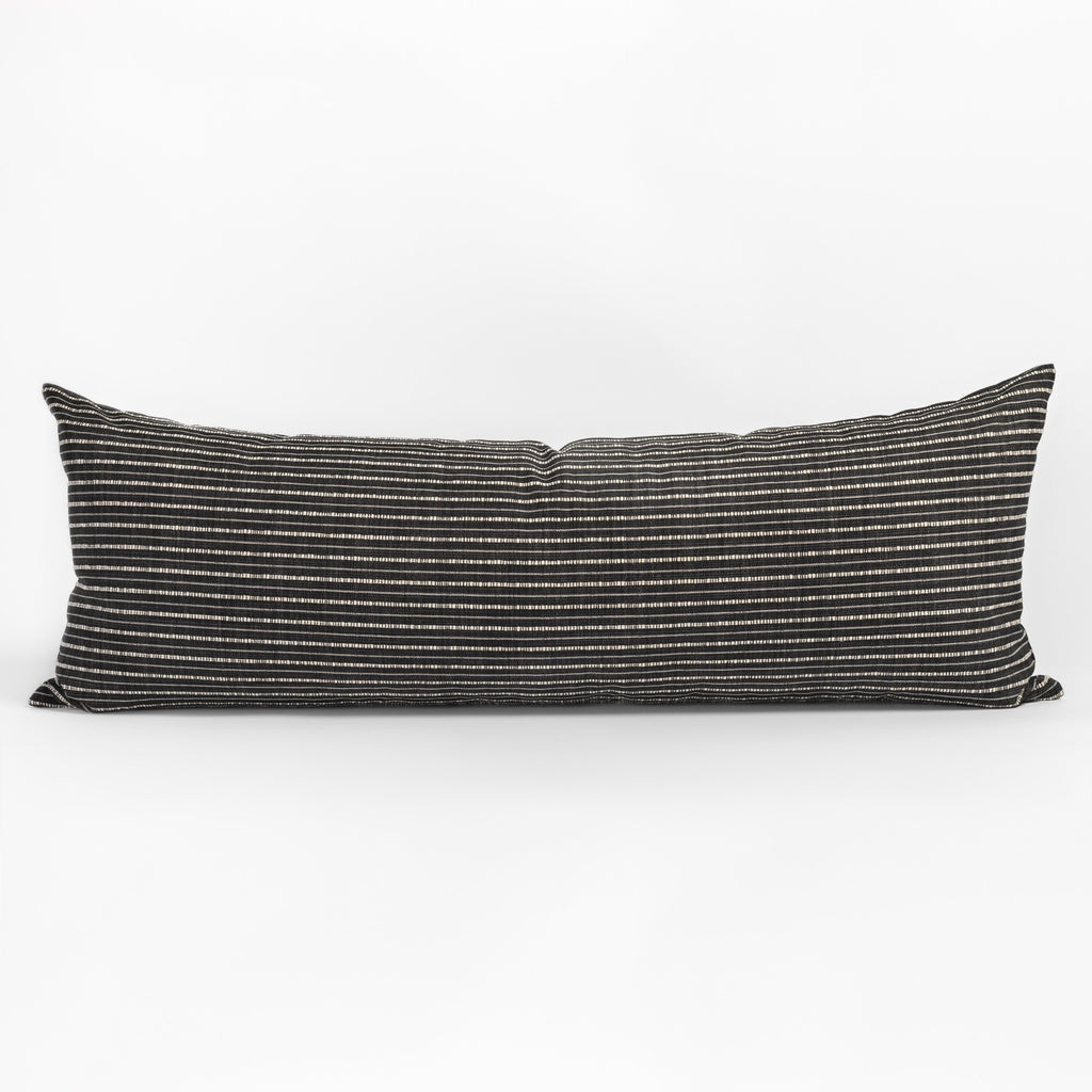 Misto charcoal bed bolster, a black and cream horizontal stripe extra long lumbar pillow