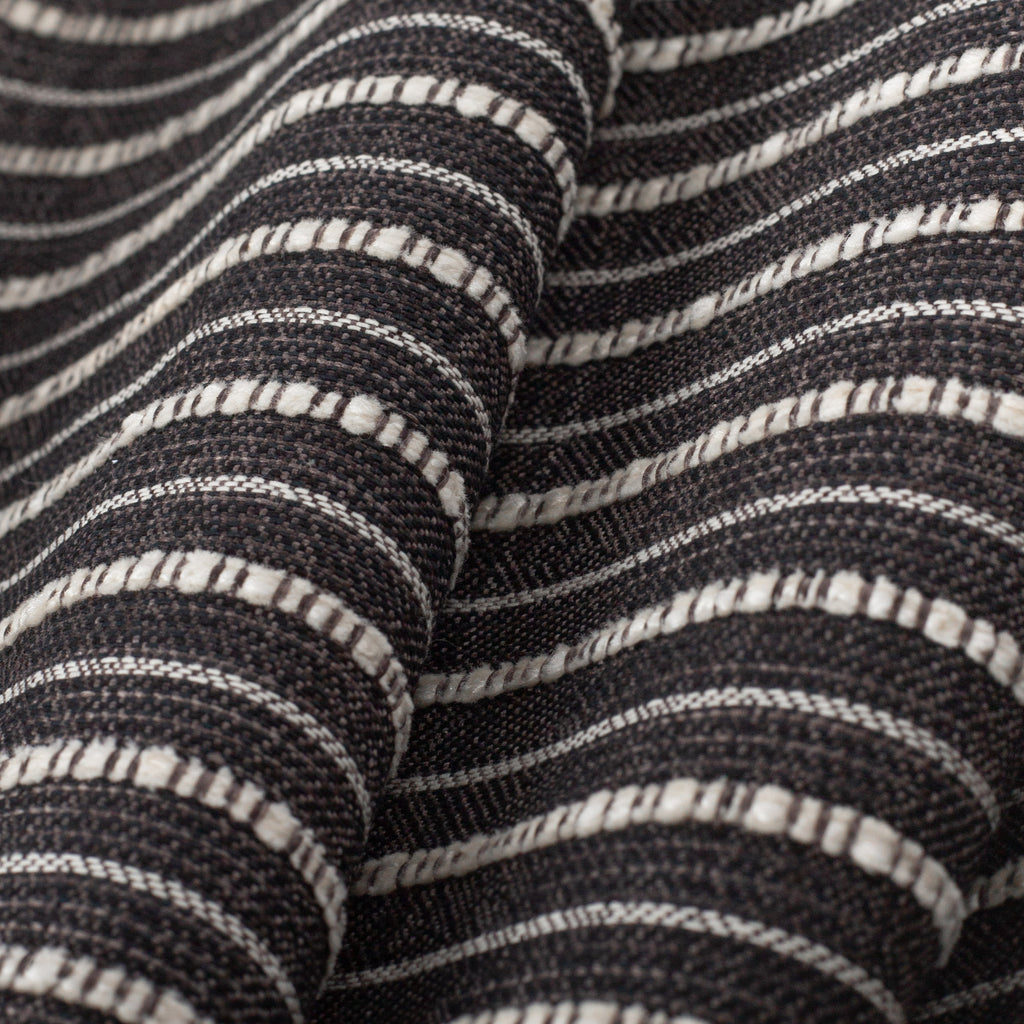 Misto Stripe Charcoal, a faded black and cream horizontal striped Crypton home performance fabric : detailed view