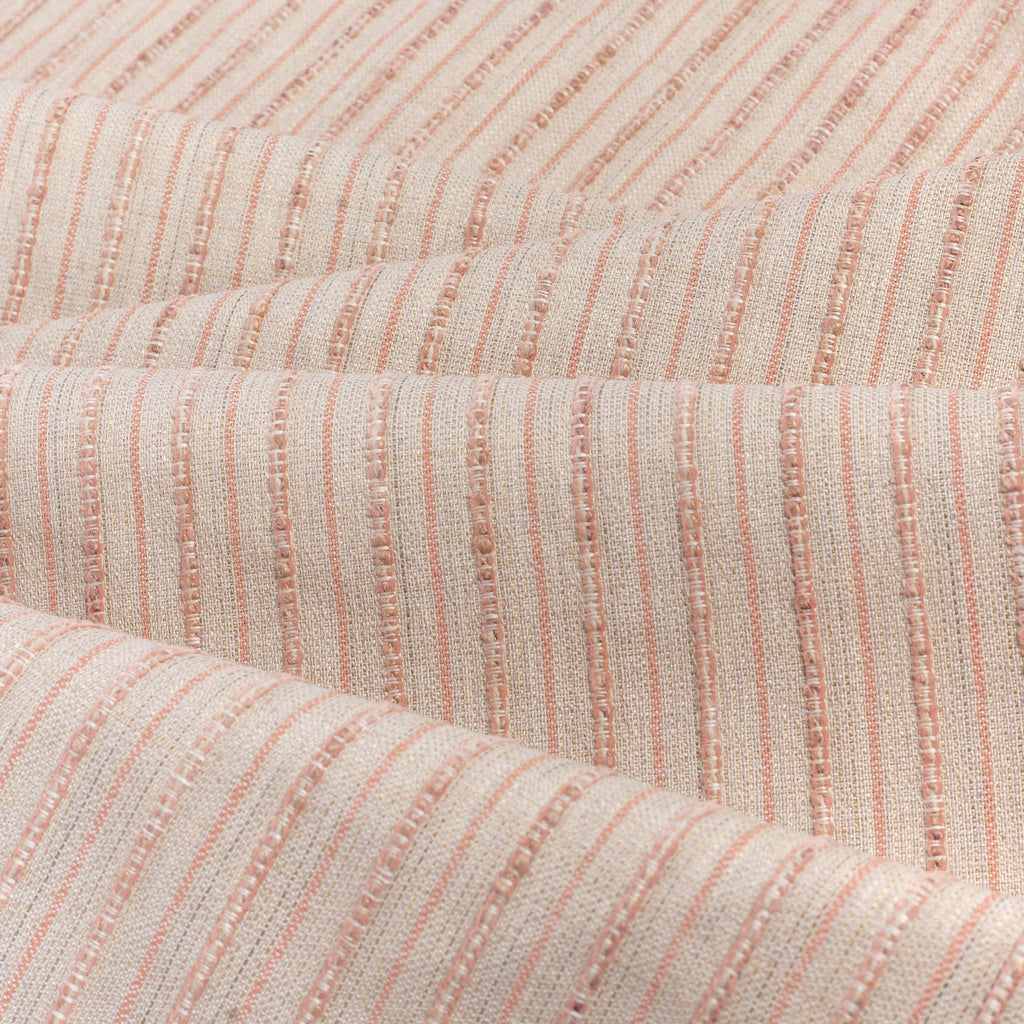 Misto Coral Blush, a light pink and light tan horizontal striped Crypton Home performance fabric : soft folds view