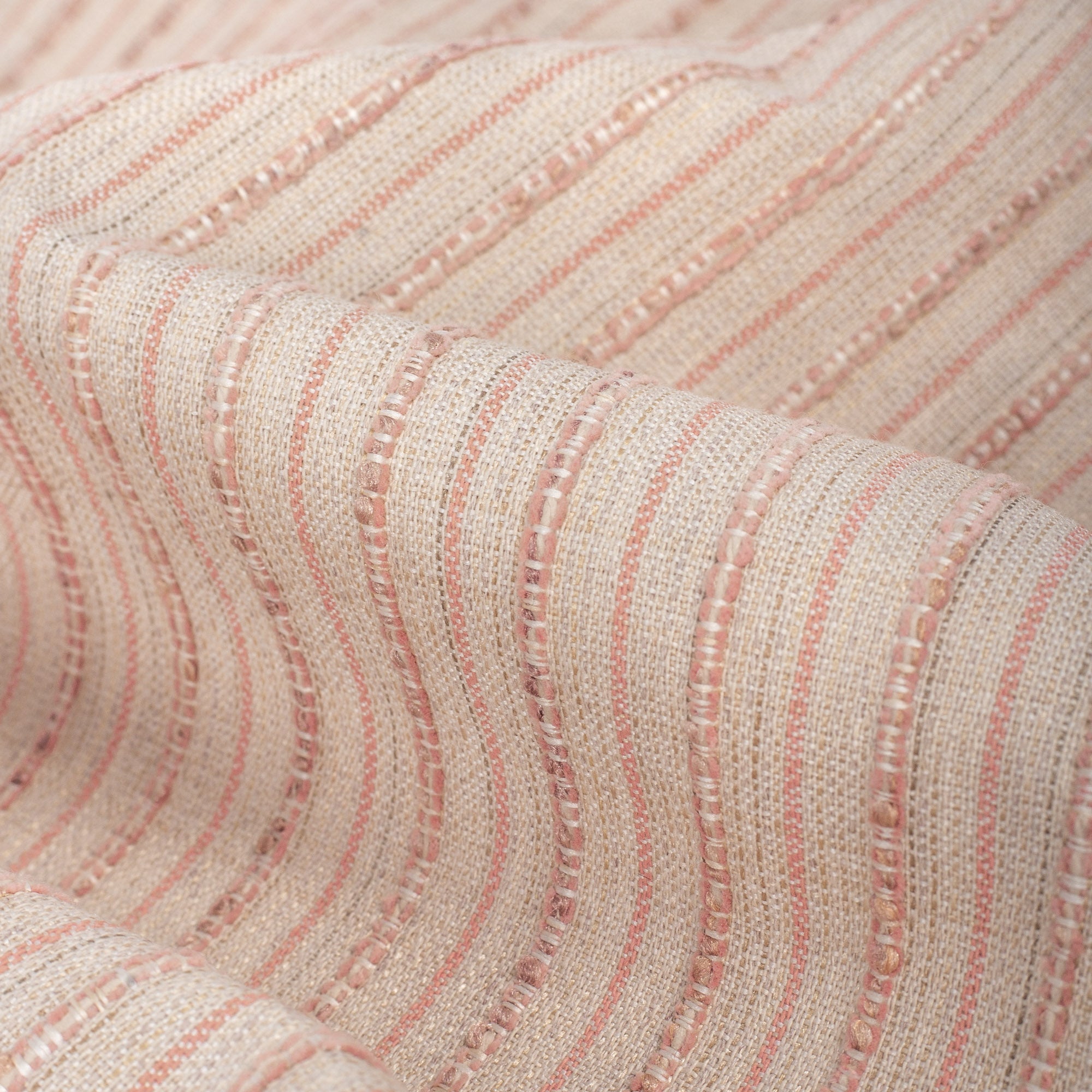Misto Coral Blush, a light pink and light tan horizontal striped Crypton Home performance fabric : close up view