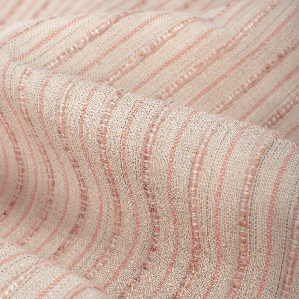 Misto Coral Blush, a light pink and light tan horizontal striped Crypton Home performance fabric : close up view