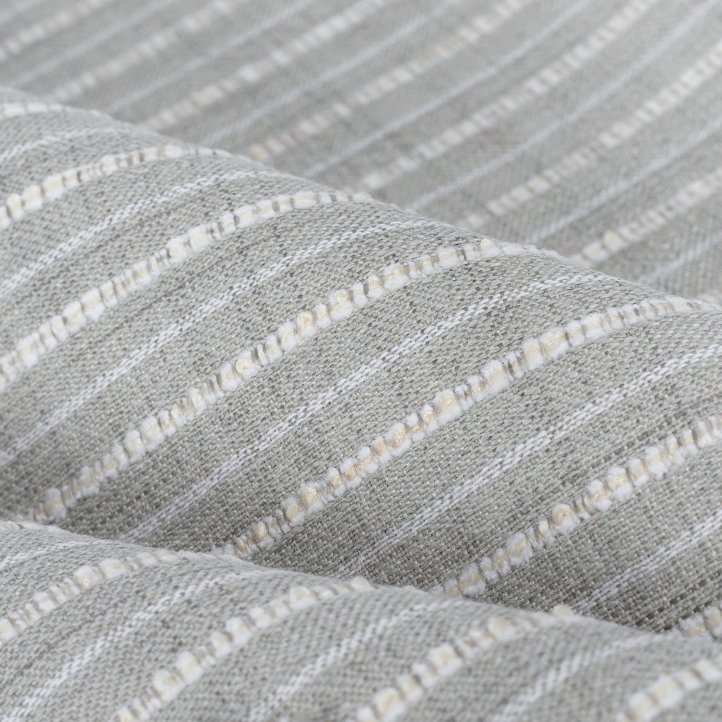Misto Fog Grey, a cool gray and cream horizontal striped Crypton Home performance fabric : close up view