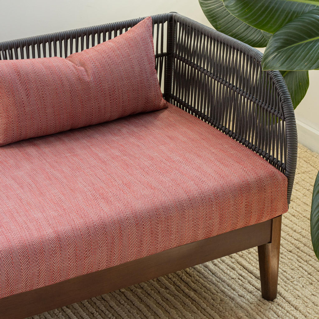 red herringbone indoor outdoor fabric bench cushion and pillow
