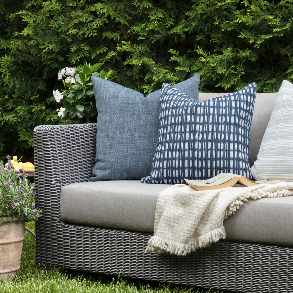 Outdoor vignette - blue and white modern indoor outdoor pillows from Tonic Living