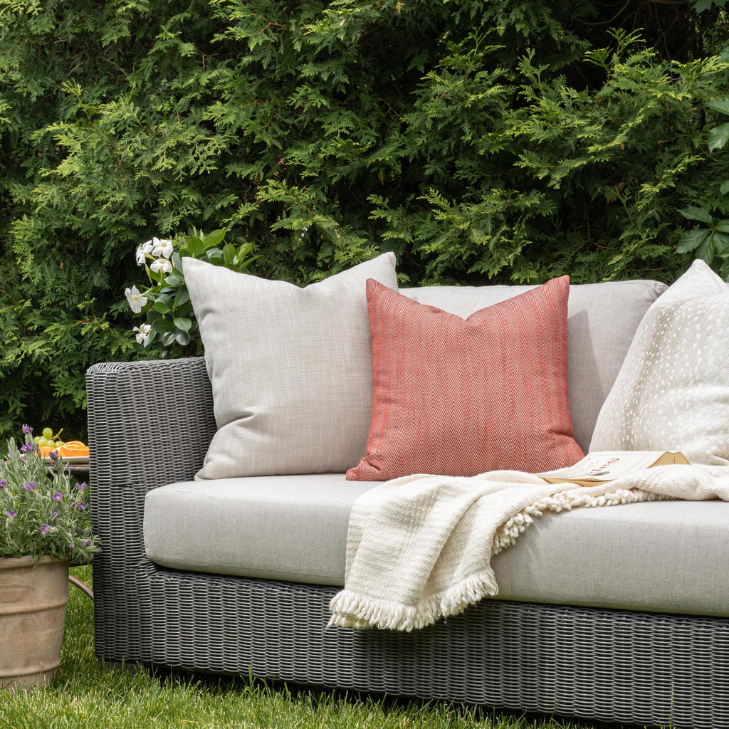 Outdoor Vignette : rustic red indoor outdoor pillow with neutral pillows from Tonic Living