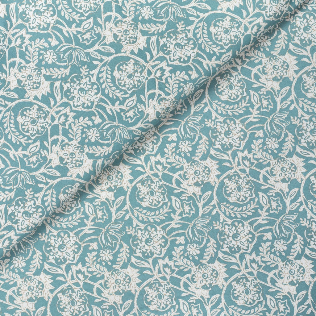 Padma Aqua, an aqua blue and cream tapestry block print pattern cotton fabric from Tonic Living 