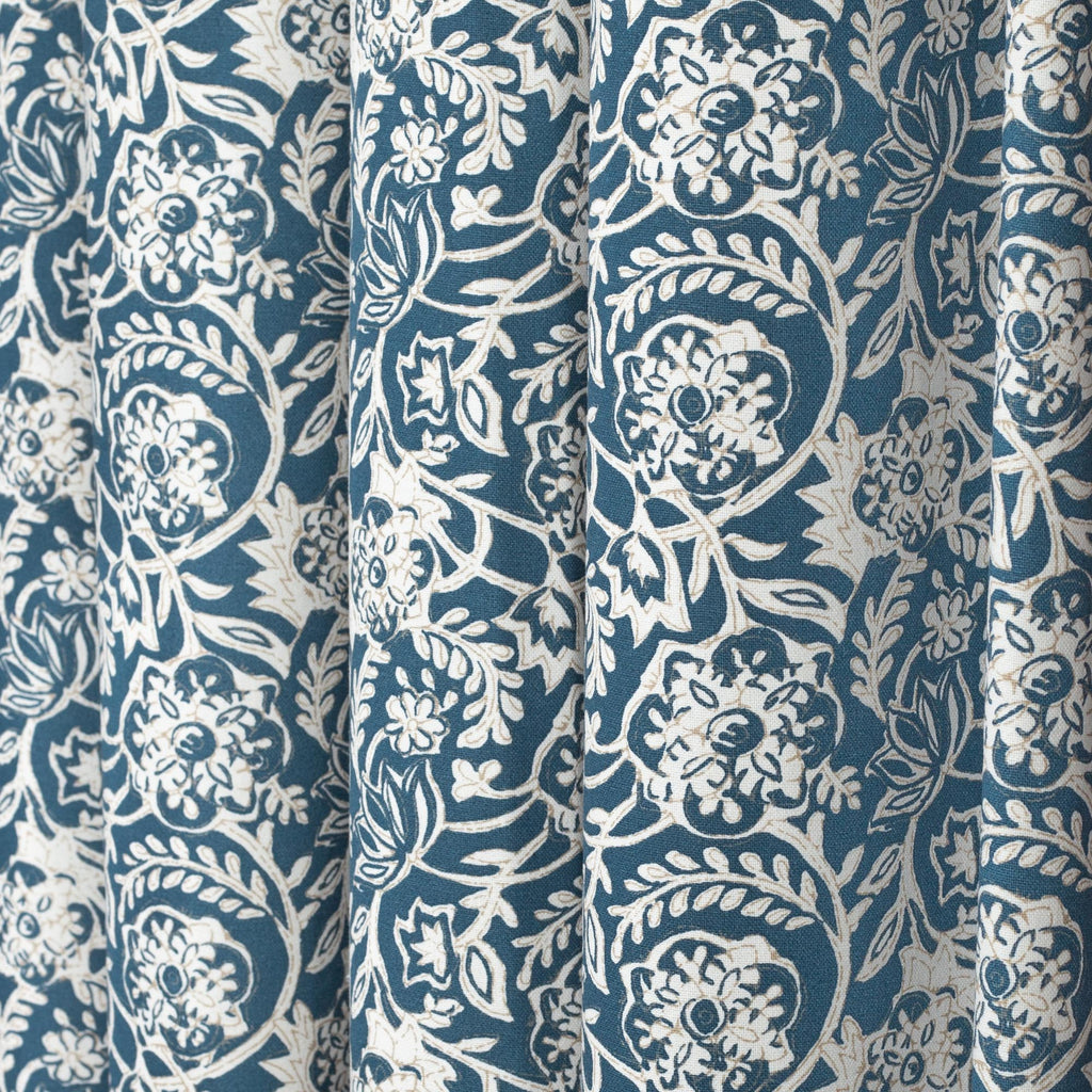 Padma Indigo, a navy blue and cream tapestry block print pattern cotton fabric