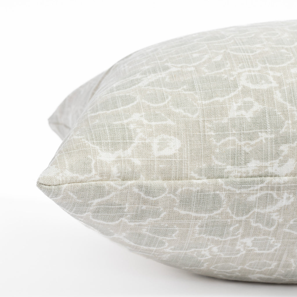 a watery mineral green abstract print bolster bed pillow : close up side view