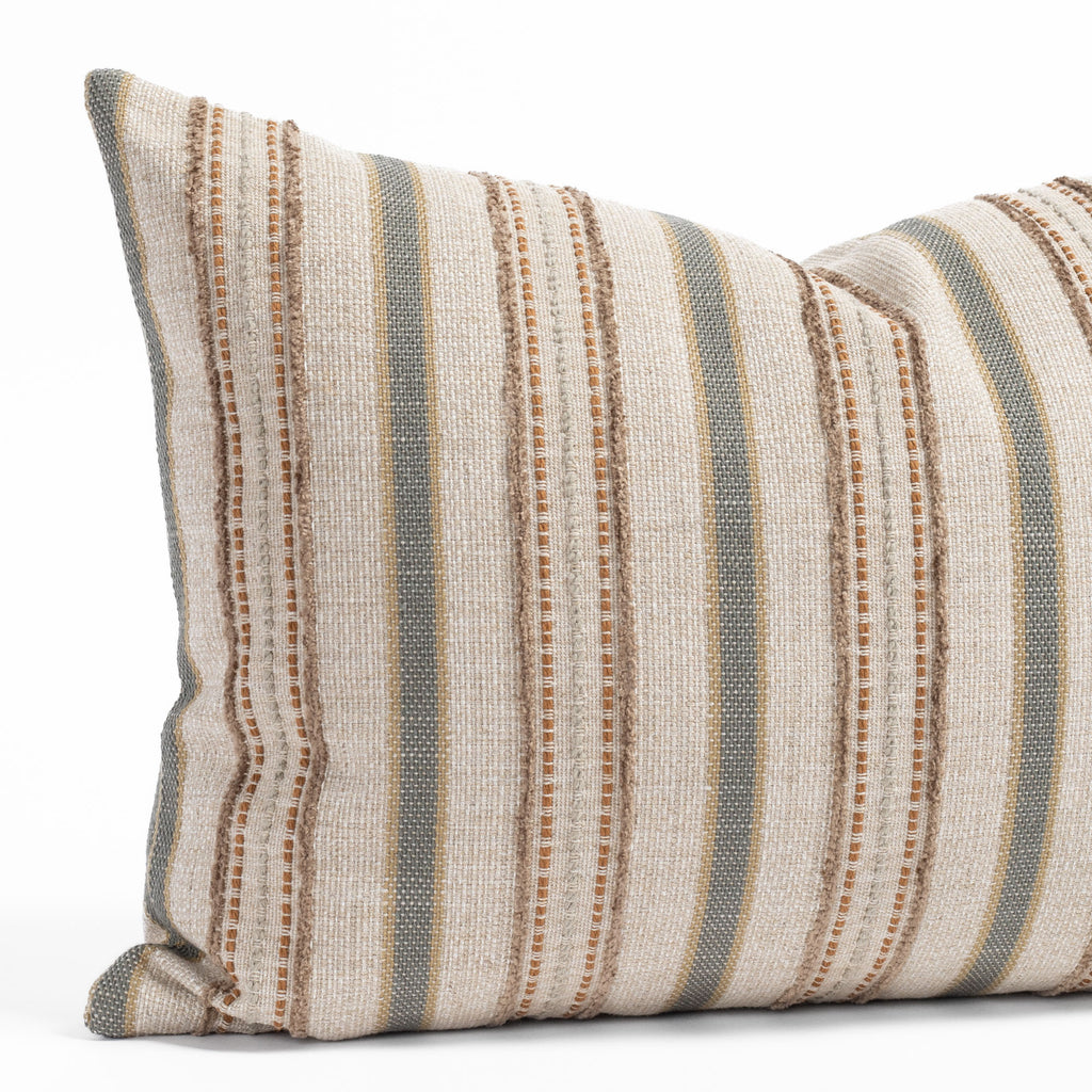 an oatmeal, grey and terracotta earth toned vertical multi striped lumbar pillow : close up view