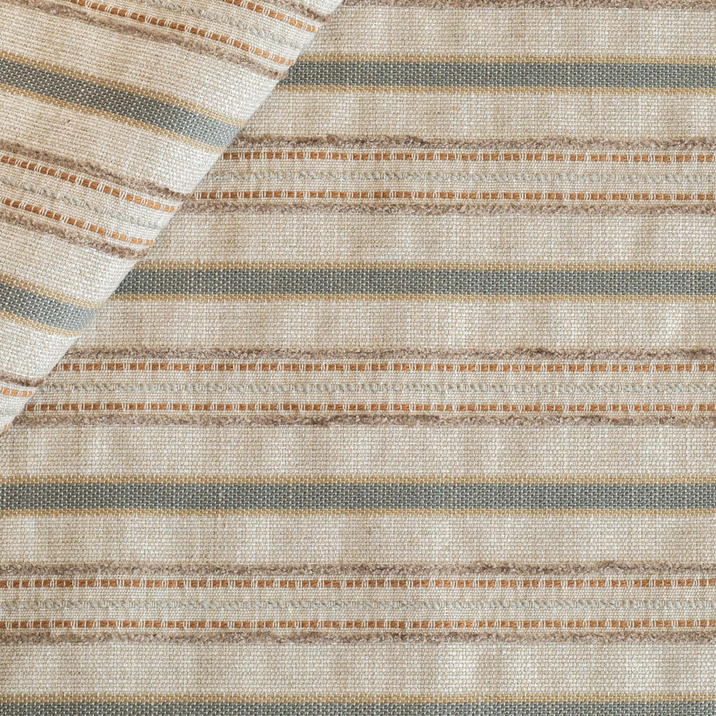 a variegated horizontal striped upholstery fabric in beige, brown and grey earth tones