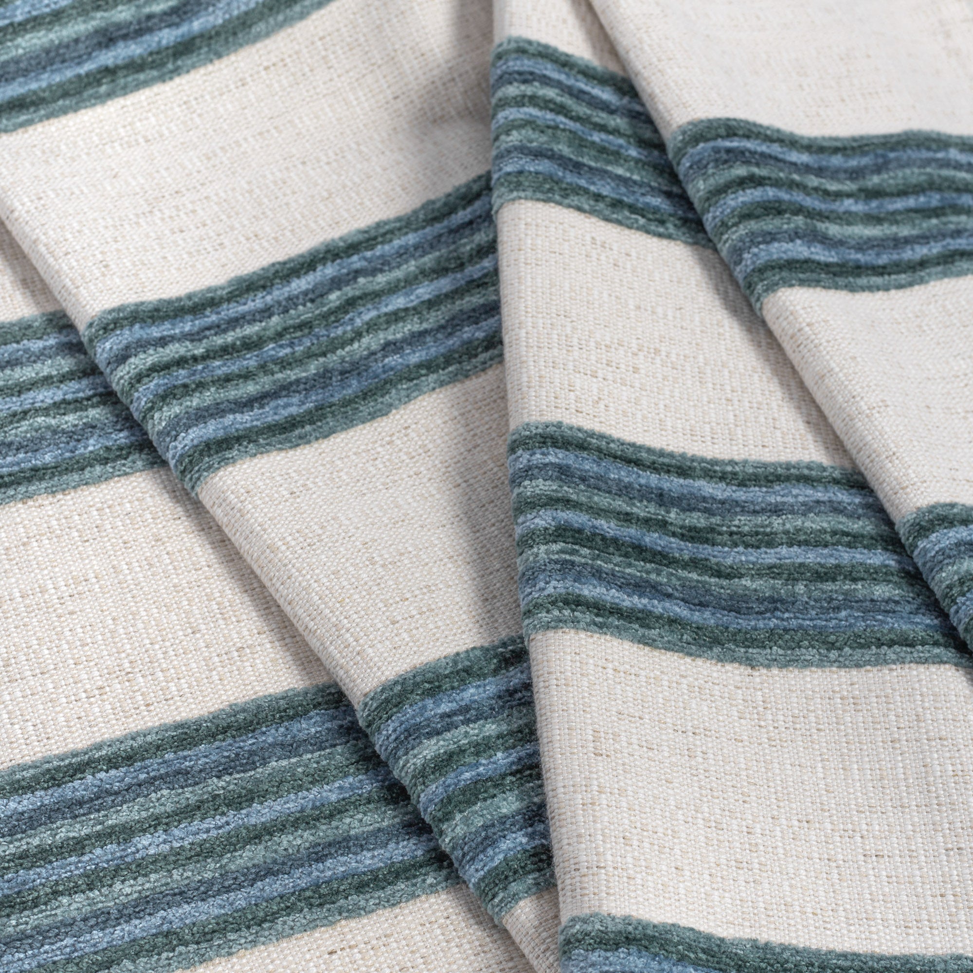 blue green chenille stripe on cream background home decor fabric 