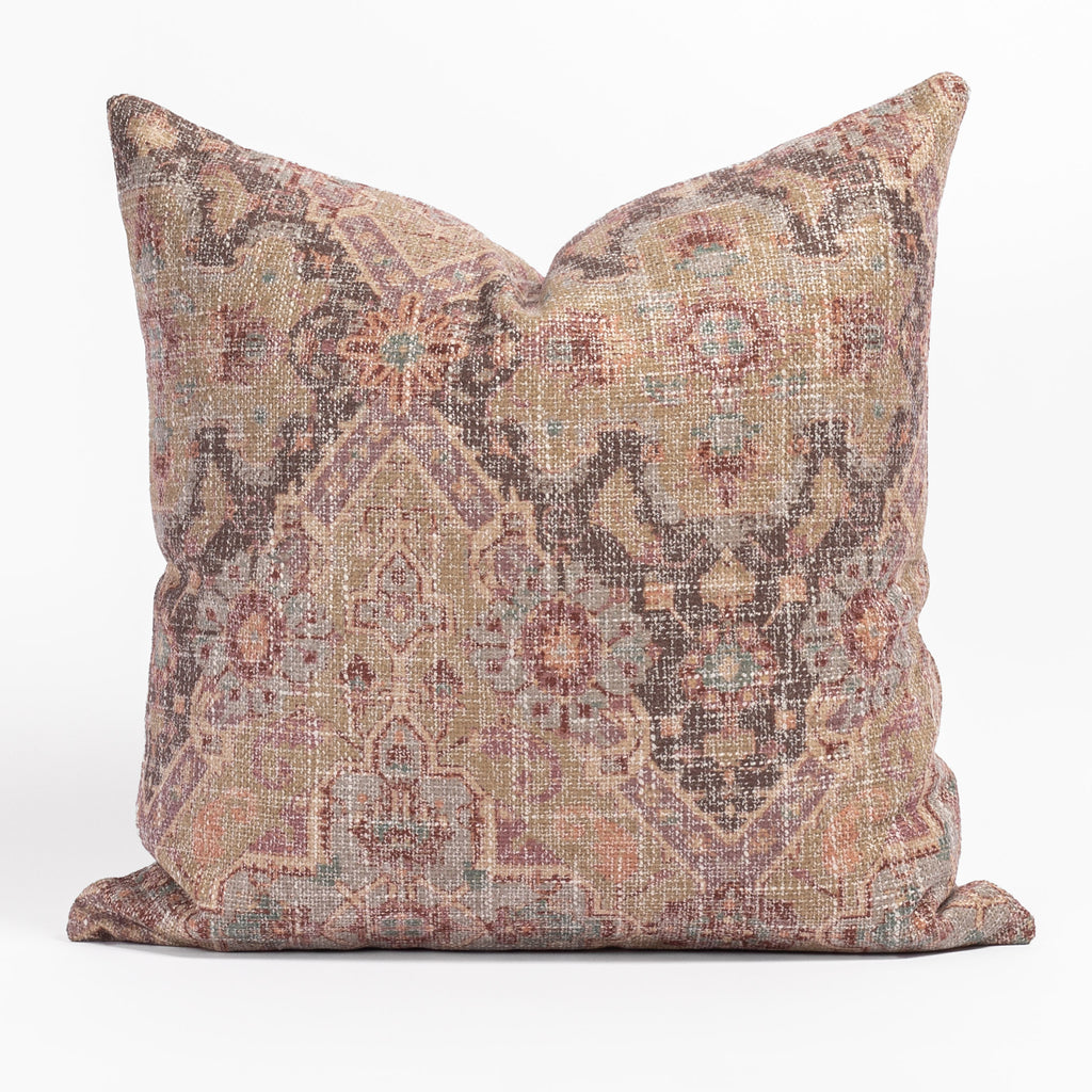 Serafina a plum, blush pink, tan and brown vintage tapestry print throw pillow from Tonic Living