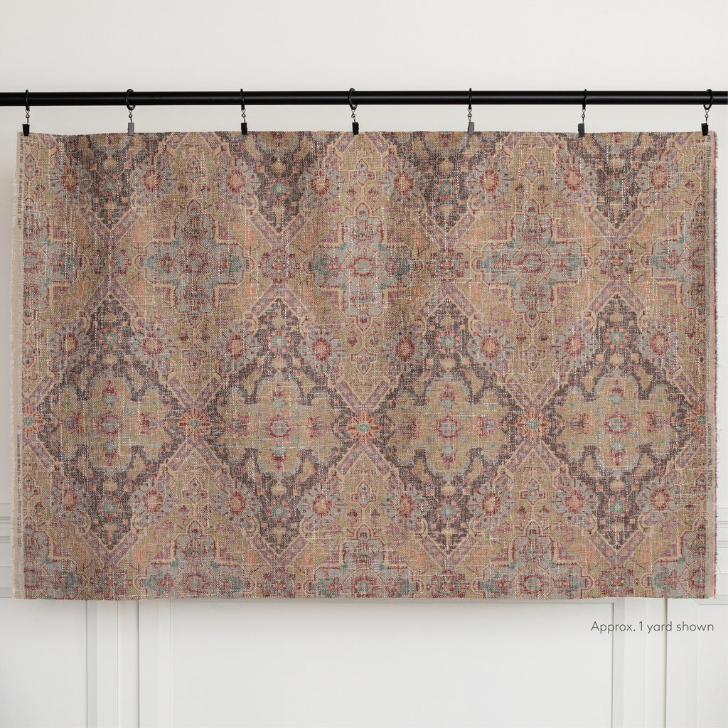 Serafina : a plum, blush pink, tan and brown vintage medallion tapestry print upholstery fabric : 1 yard cut