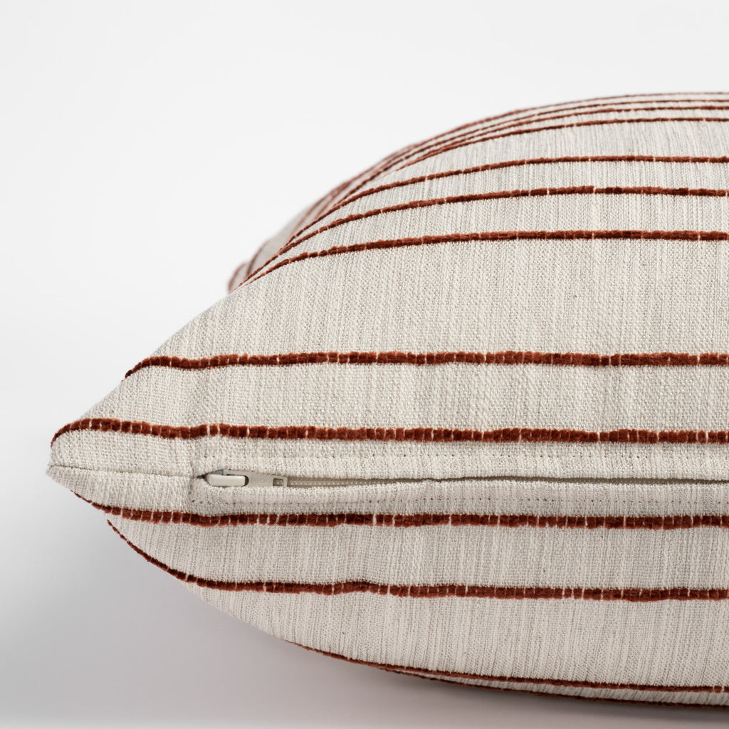 Spar Stripe 20x20 Pillow Russet, a beige with rust red horizontal stripe pillow : close up zipper view