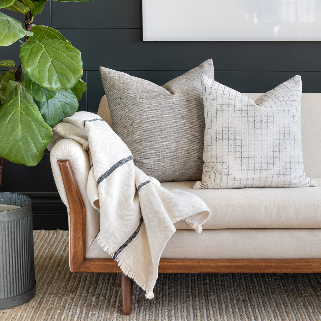 Neutral Sofa Pillow Combination: Stanhope Ash, Keely Check Birch pillow with Rafael cream throw blanket
