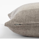 Stockton Stripe Graphite, a linen throw pillow, in shades of natural tan and faded black from Tonic Living : zipper detail view