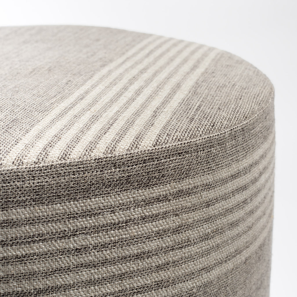 a natural tan and faded black striped linen round ottoman : top view 2