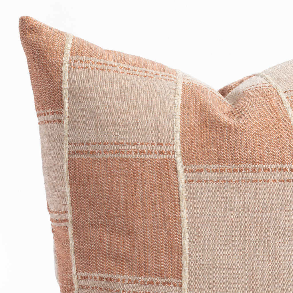 a pink orange patchwork inspired throw pillow : corner close up photo
