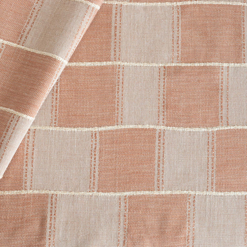 Sutton Terracotta Fabric, a sandy beige and terracotta patchwork pattern with a chunky beige stitched horizontal stripe fabric from Tonic Living