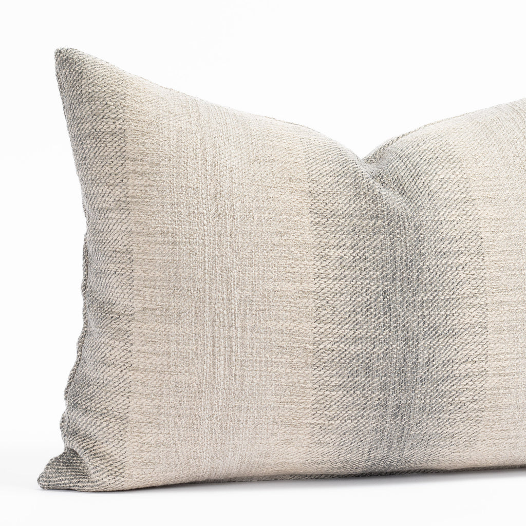 a smokey blue and sandy gray ombré stripe throw pillow : close up view