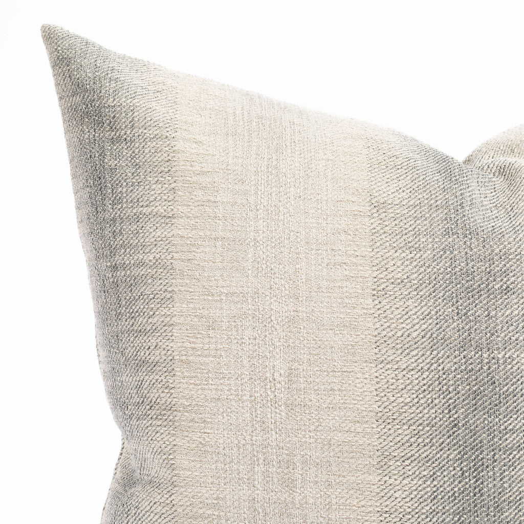a smokey blue and sandy gray ombré stripe throw pillow : close up view