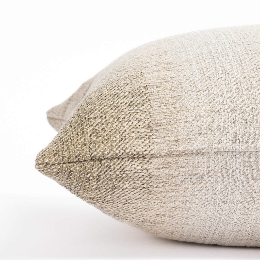 a mossy green and oatmeal earthy ombré stripe extra long lumbar bed pillow : close up side view