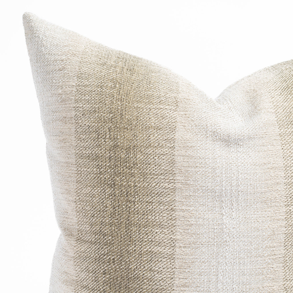 a mossy green and oatmeal ombré stripe throw pillow: close up corner view