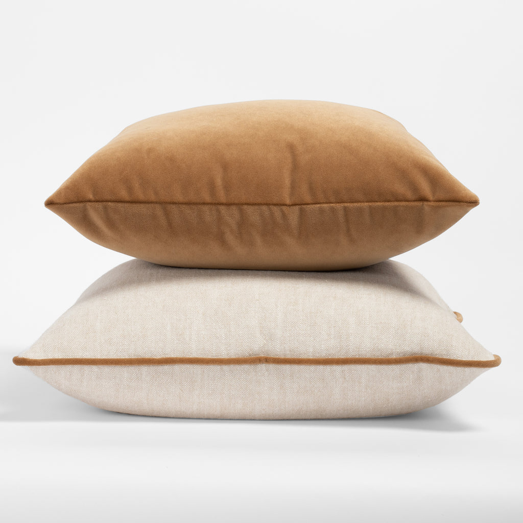 Earth tone throw pillows : Valentina Velvet Nutmeg and Tanner beige and light brown pillows from Tonic Living