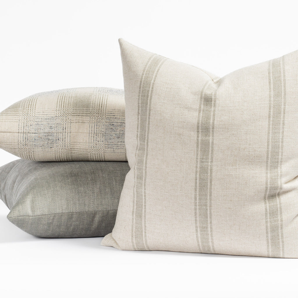Tonic Living Pillows : Theo Stripe , Cove, Remy throw pillow combination in muted blue green, gray and oatmeal cream tones