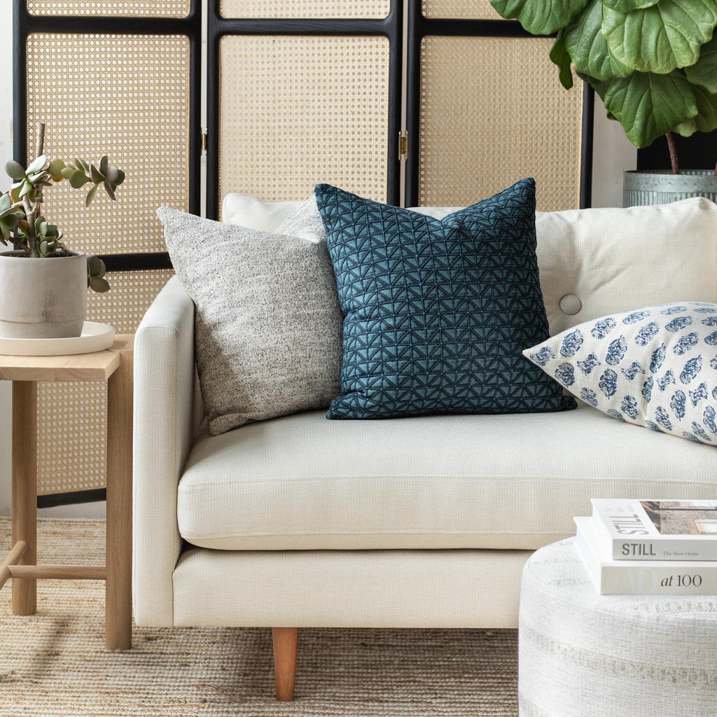 Modern home decor : Torello Aegean blue, Heywood Pepper, Zola blue block print pillows from Tonic Living