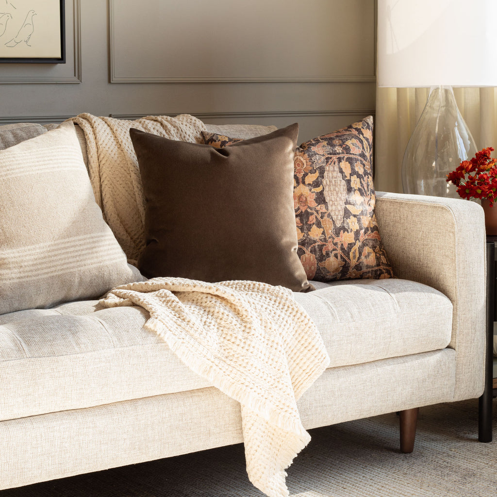 deep brown valentina velvet truffle pillows on a neutral grey couch - fall living room scene by Tonic Living