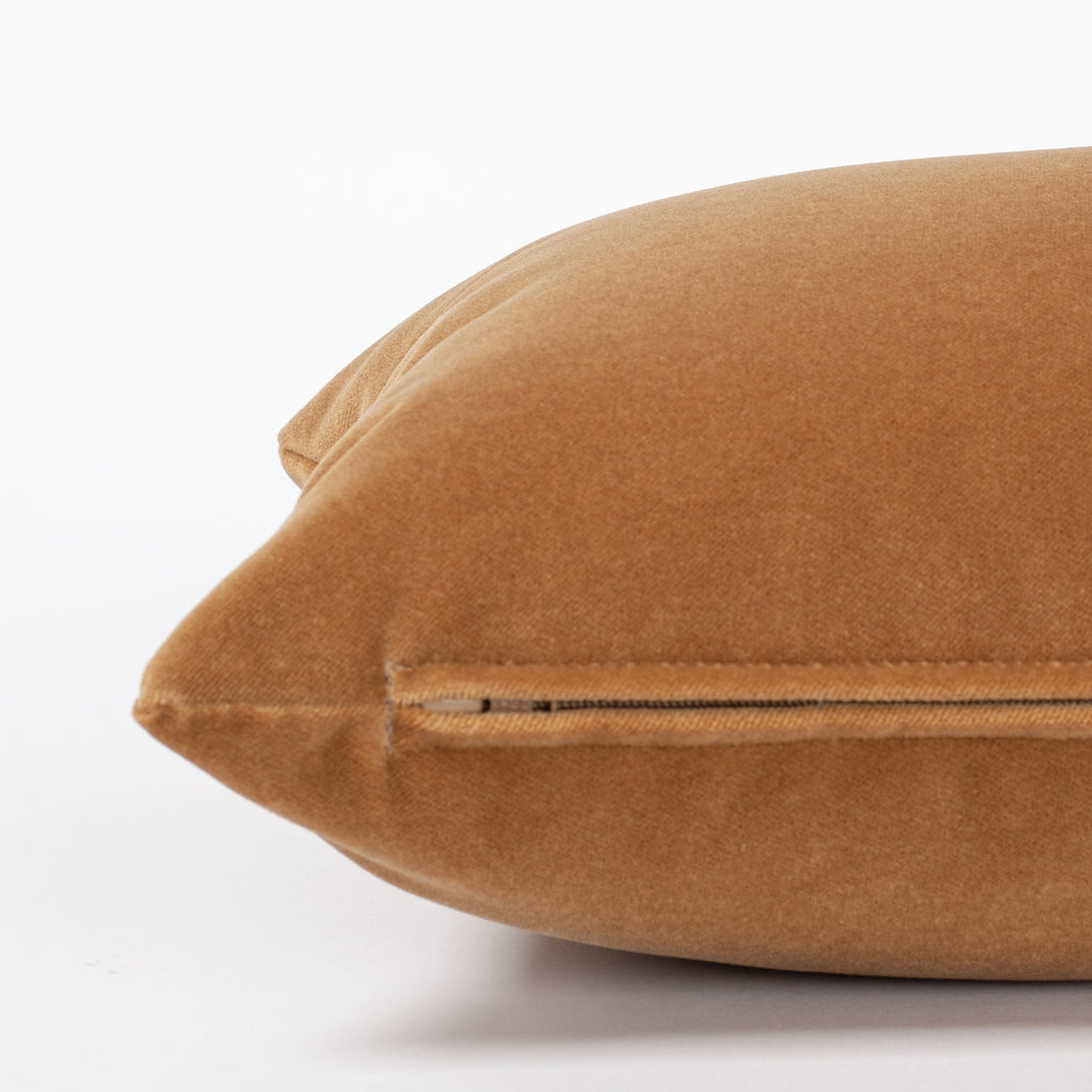 Camel toned velvet lumbar pillow : zipper side