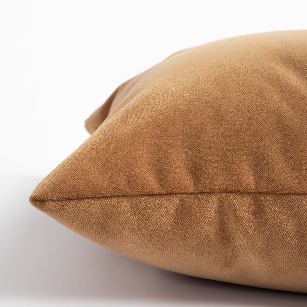 Valentina Velvet Nutmeg Pillow, a camel coloured velvet pillow : close up side view