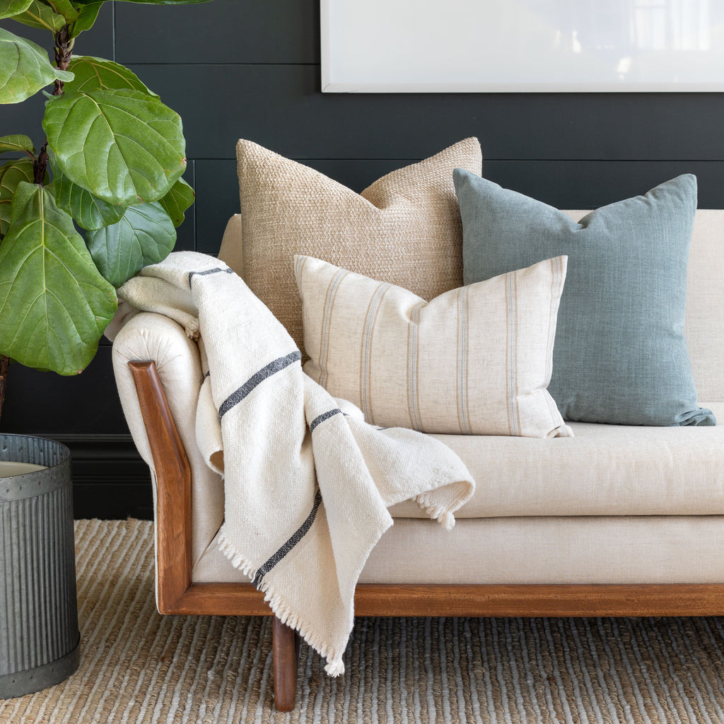 Sofa Pillow Combination: Taryn Natural, Orson Celadon and Yarmouth stripe sandstone lumbar
