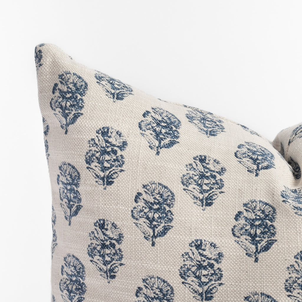 Zola Indigo Pillow, a blue floral print pillow : close up corner