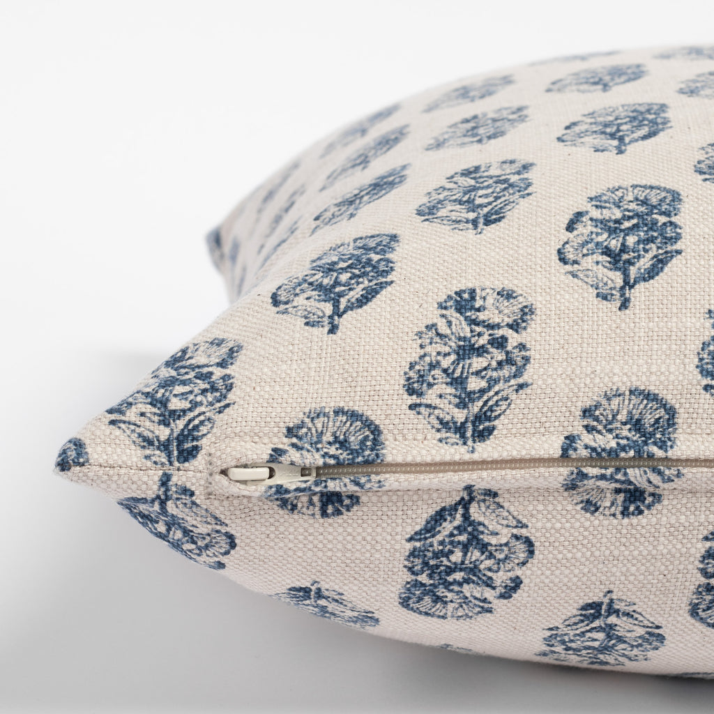 Zola Indigo Pillow, a blue floral print pillow : close up side