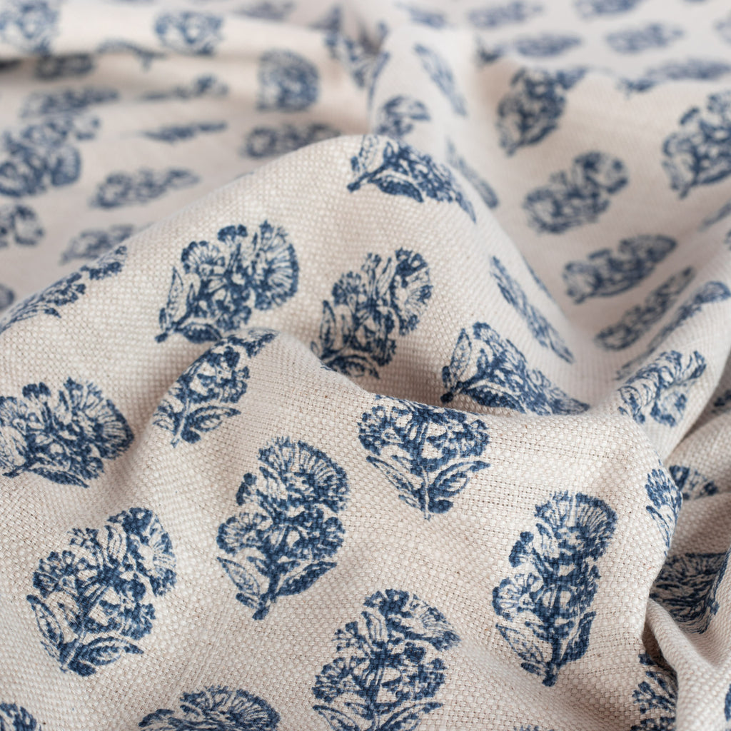 Zola Block Print Indigo, a block print style blue floral pattern fabric : view 2